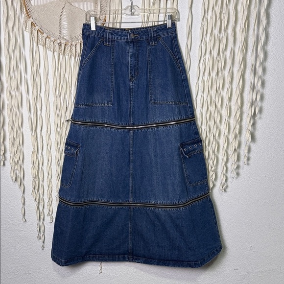 Social Collision Zip Off Blue Denim Convertible Midi Cargo Skirt size SM - Picture 2 of 14